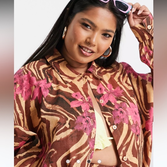 ASOS Curve Pink and Brown Animal Print Button down - Picture 4 of 4